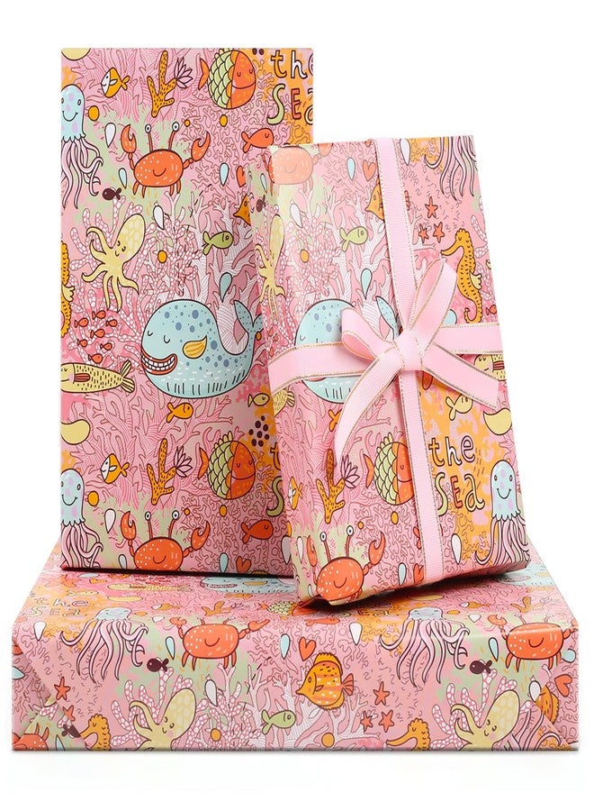 AirCool Under the Sea Wrapping Paper for Girls Kids Boys, 6 Sheets Pink Ocean Coral Sea Star Crab Octopus Whale Beach Coastal Gift Wrap Paper, 20 x 28 inch Per Sheet Gift Paper for Birthday, Baby Shower - Image 1
